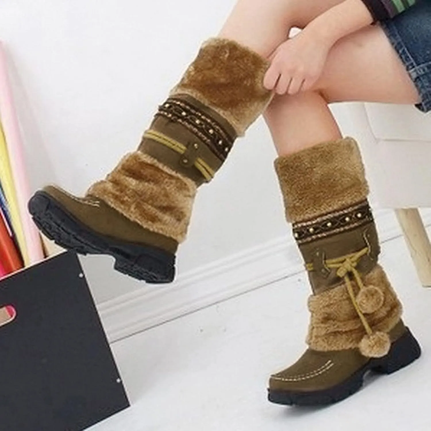 AMDBEL Boots for Women Fashion Dressy, Knee High Boots Women Warm Snow Boots Round Toe Slip on Shoes Heels Hairball Boots