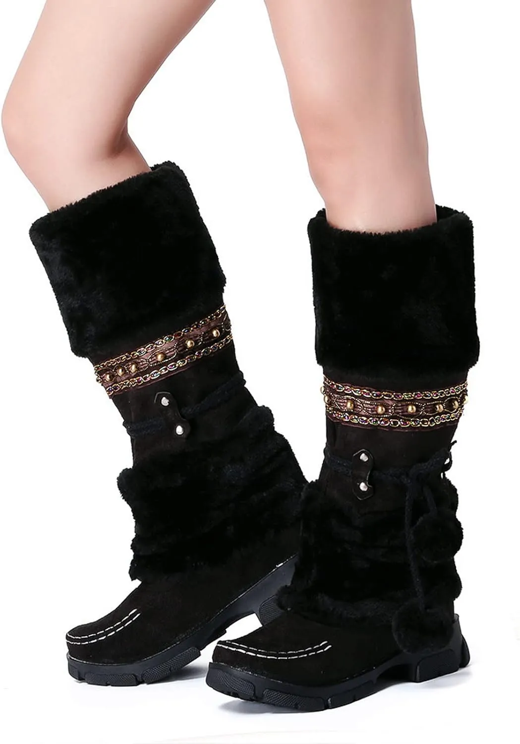 AMDBEL Boots for Women Fashion Dressy, Knee High Boots Women Warm Snow Boots Round Toe Slip on Shoes Heels Hairball Boots