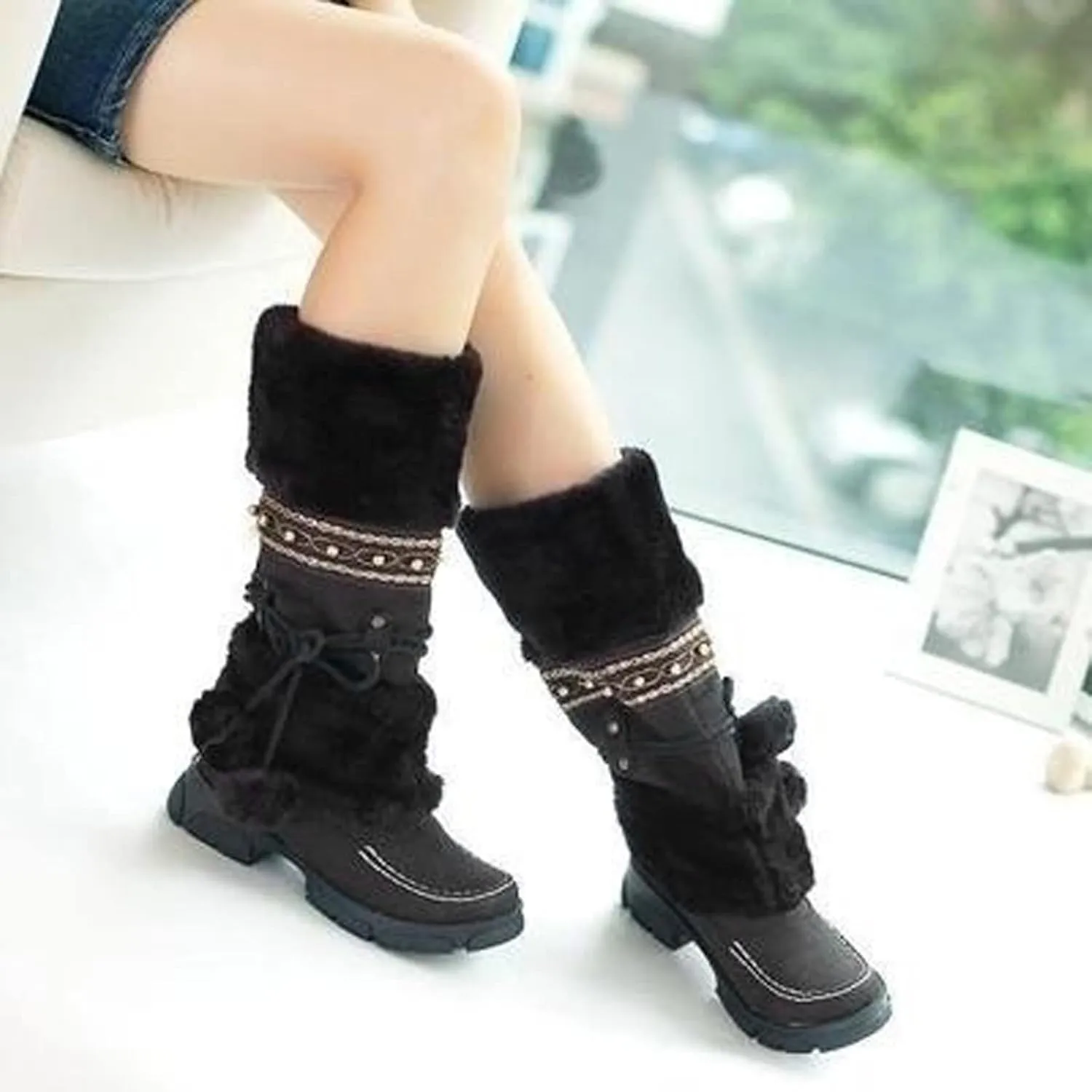 AMDBEL Boots for Women Fashion Dressy, Knee High Boots Women Warm Snow Boots Round Toe Slip on Shoes Heels Hairball Boots