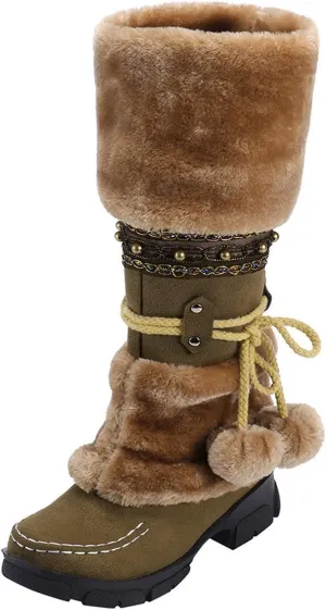 AMDBEL Boots for Women Fashion Dressy, Knee High Boots Women Warm Snow Boots Round Toe Slip on Shoes Heels Hairball Boots