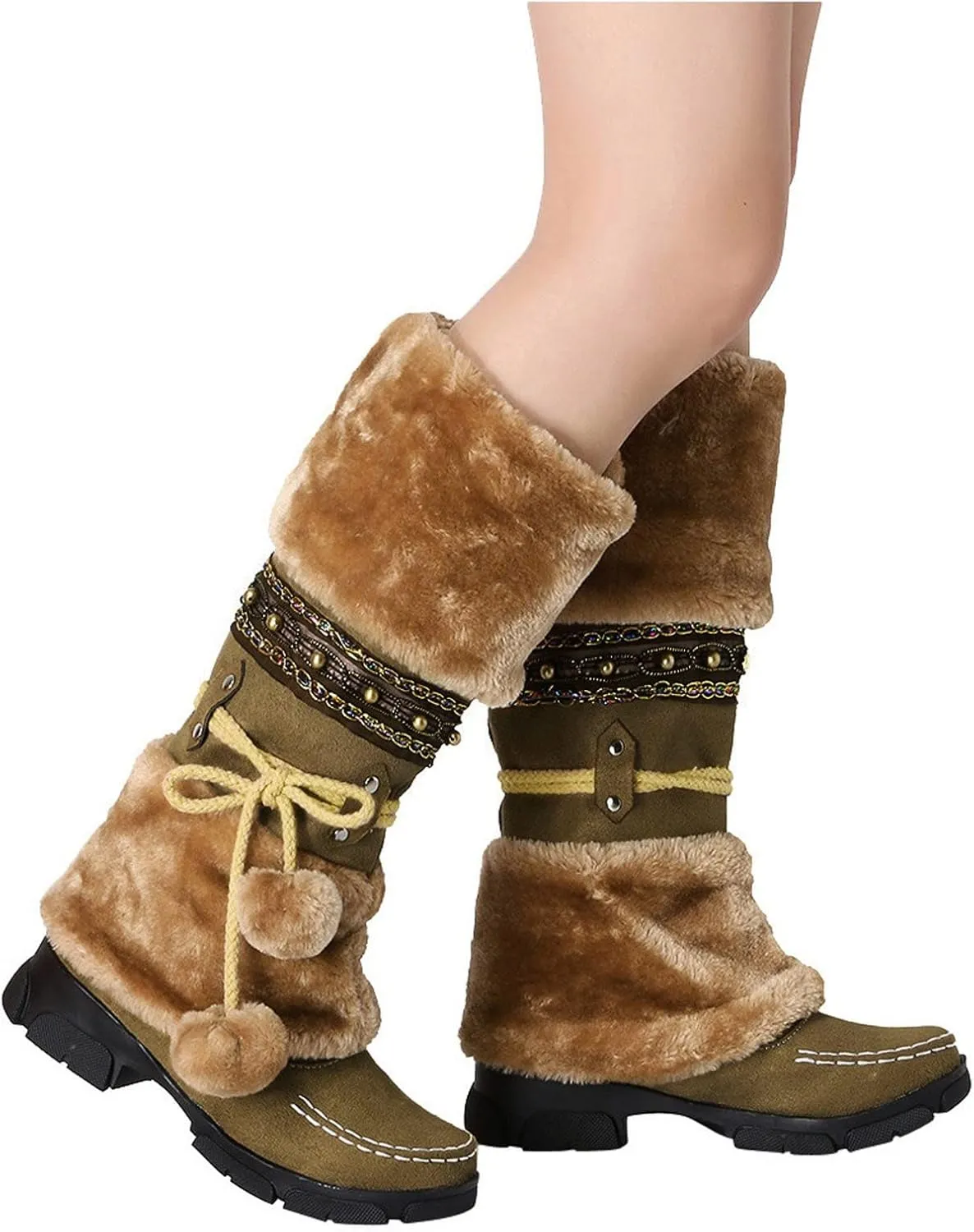 AMDBEL Boots for Women Fashion Dressy, Knee High Boots Women Warm Snow Boots Round Toe Slip on Shoes Heels Hairball Boots