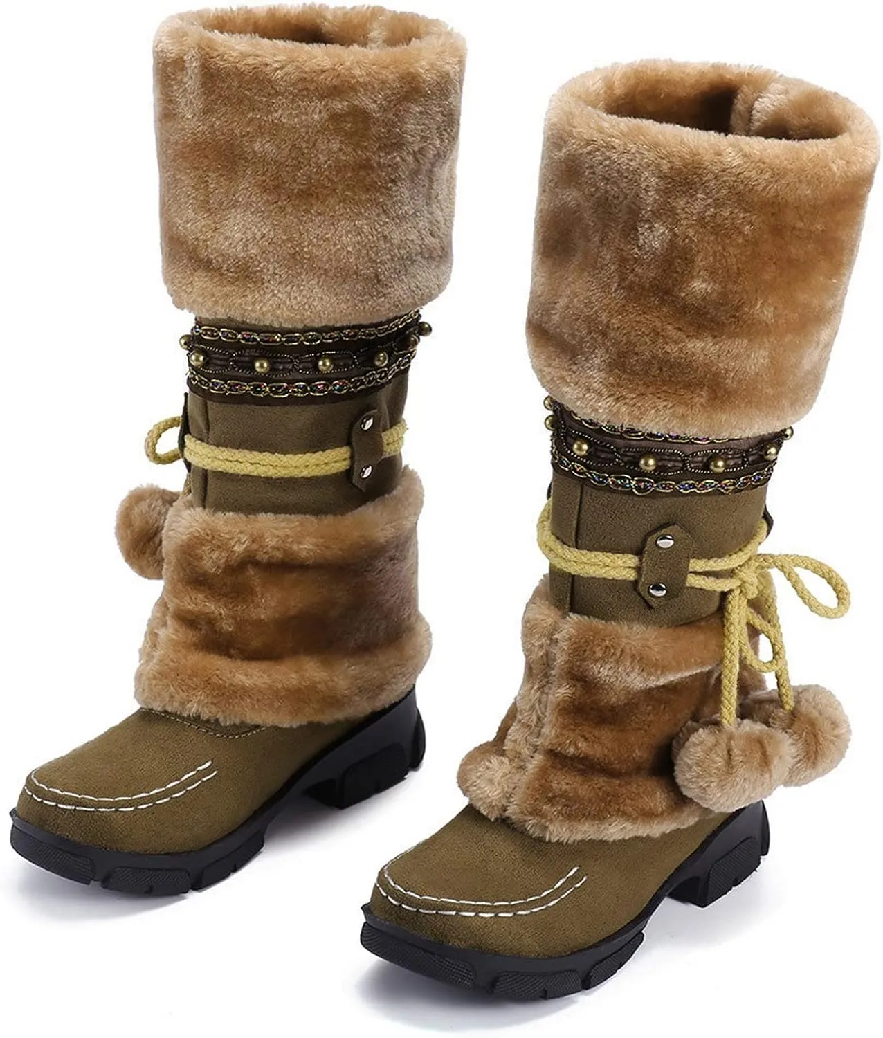 AMDBEL Boots for Women Fashion Dressy, Knee High Boots Women Warm Snow Boots Round Toe Slip on Shoes Heels Hairball Boots