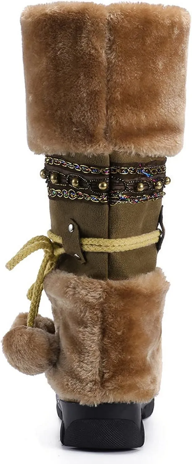 AMDBEL Boots for Women Fashion Dressy, Knee High Boots Women Warm Snow Boots Round Toe Slip on Shoes Heels Hairball Boots