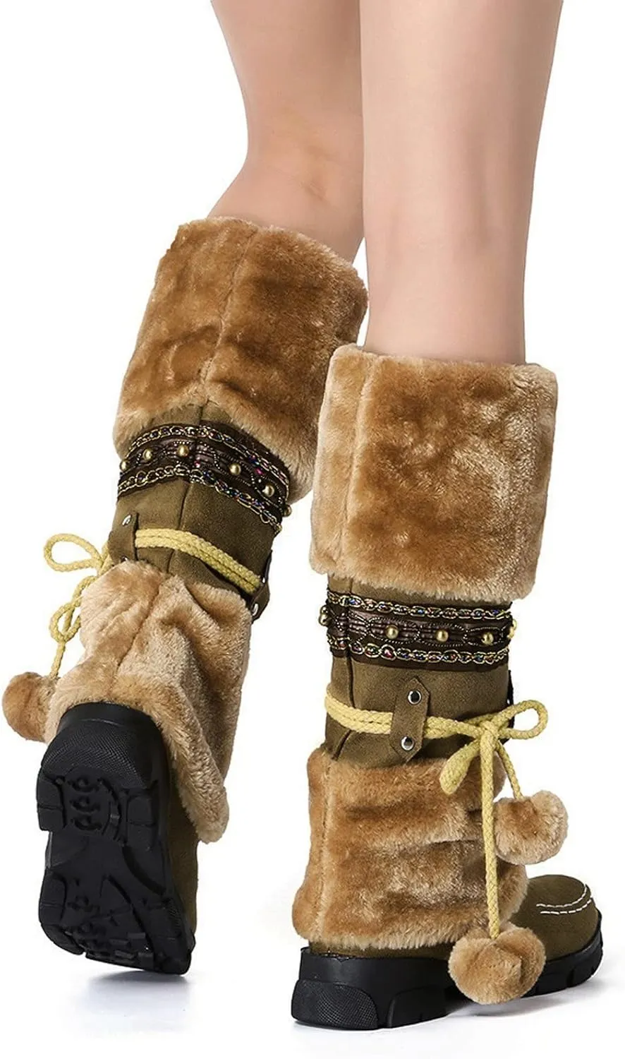 AMDBEL Boots for Women Fashion Dressy, Knee High Boots Women Warm Snow Boots Round Toe Slip on Shoes Heels Hairball Boots