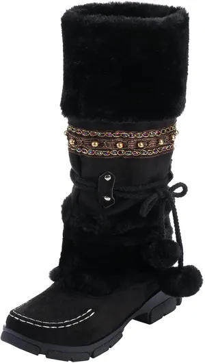 AMDBEL Boots for Women Fashion Dressy, Knee High Boots Women Warm Snow Boots Round Toe Slip on Shoes Heels Hairball Boots