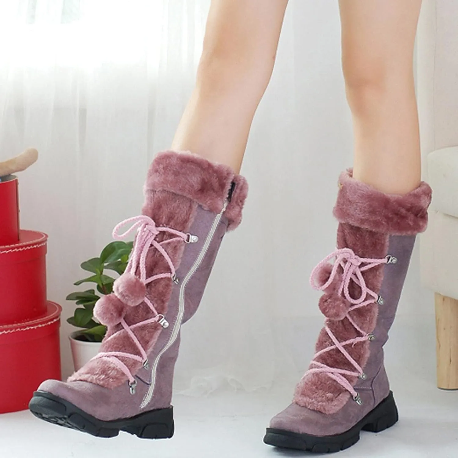 AMDBEL Boots for Women Fashion Dressy, Knee High Boots Women Warm Snow Boots Round Toe Zipper Shoes Heels Hairball Boots