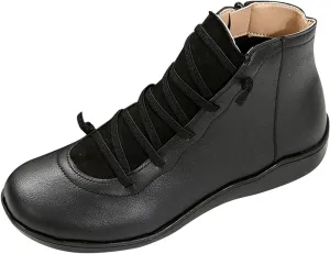 AMDBEL Cowboy Boots for Women Short, Arch Support Low Heel Fashion Lace Up Zipper Booties Slip On Leather Short Booties, Ankle Boots For Women Comfy Flat, Winter Boots for Women 2023