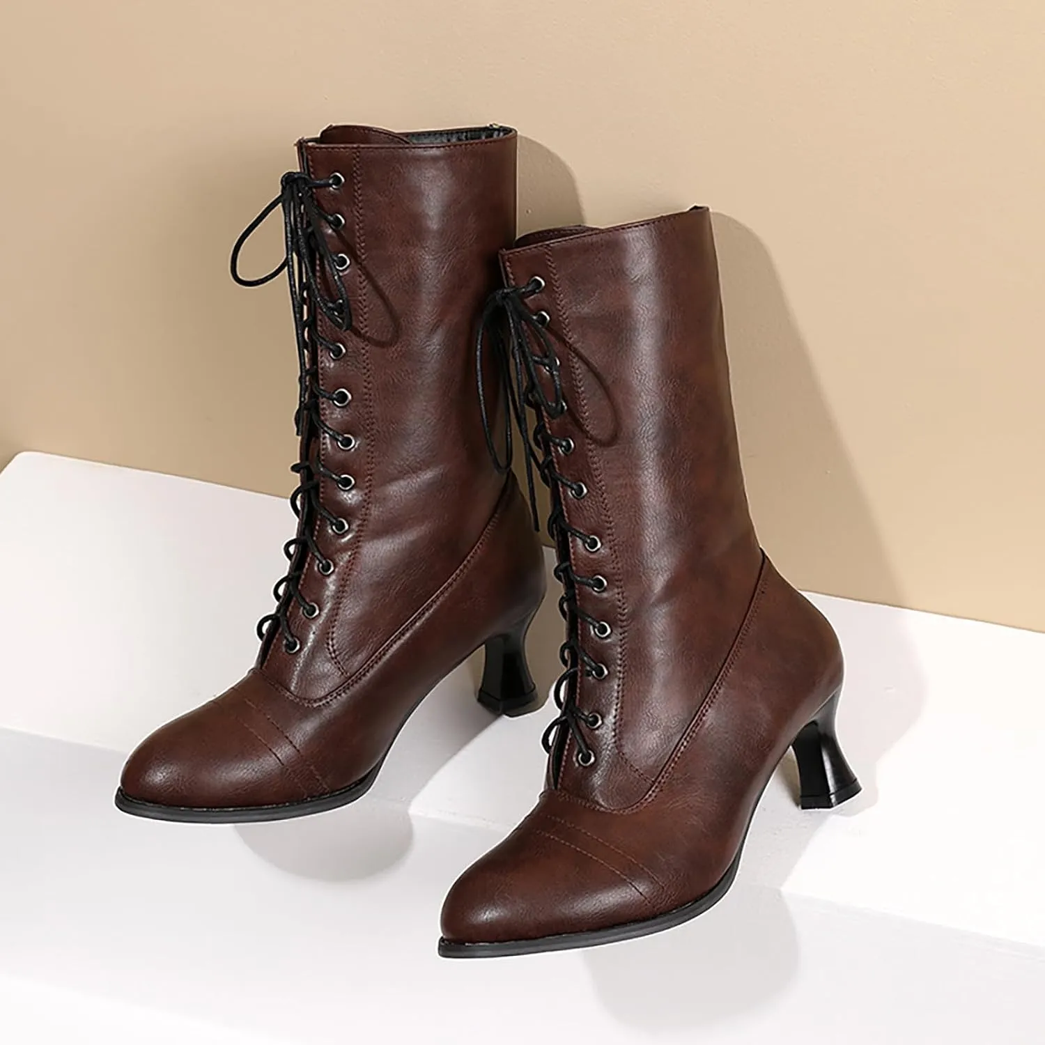 AMDBEL Renaissance Boots Women Wide Calf,Women Medieval Pirate Boots Flat Pull On Western Knight Boots Low Heel Tall Boots