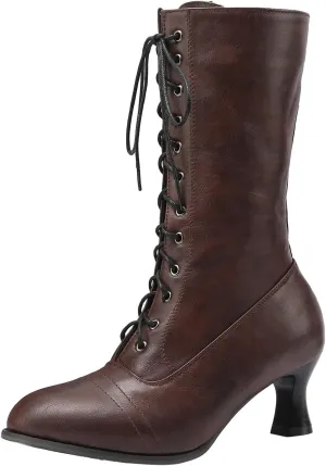 AMDBEL Renaissance Boots Women Wide Calf,Women Medieval Pirate Boots Flat Pull On Western Knight Boots Low Heel Tall Boots