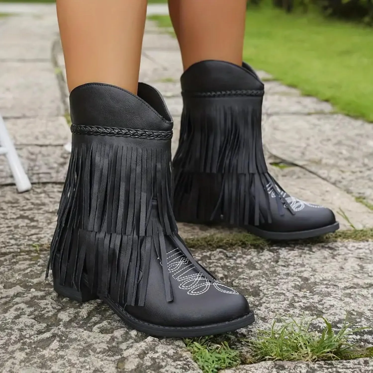 Ankle Boots for Women Dressy Winter Boots for Women 2024 Large Size V Cutout Tassel Chunky Heel Sleeve Short Booties