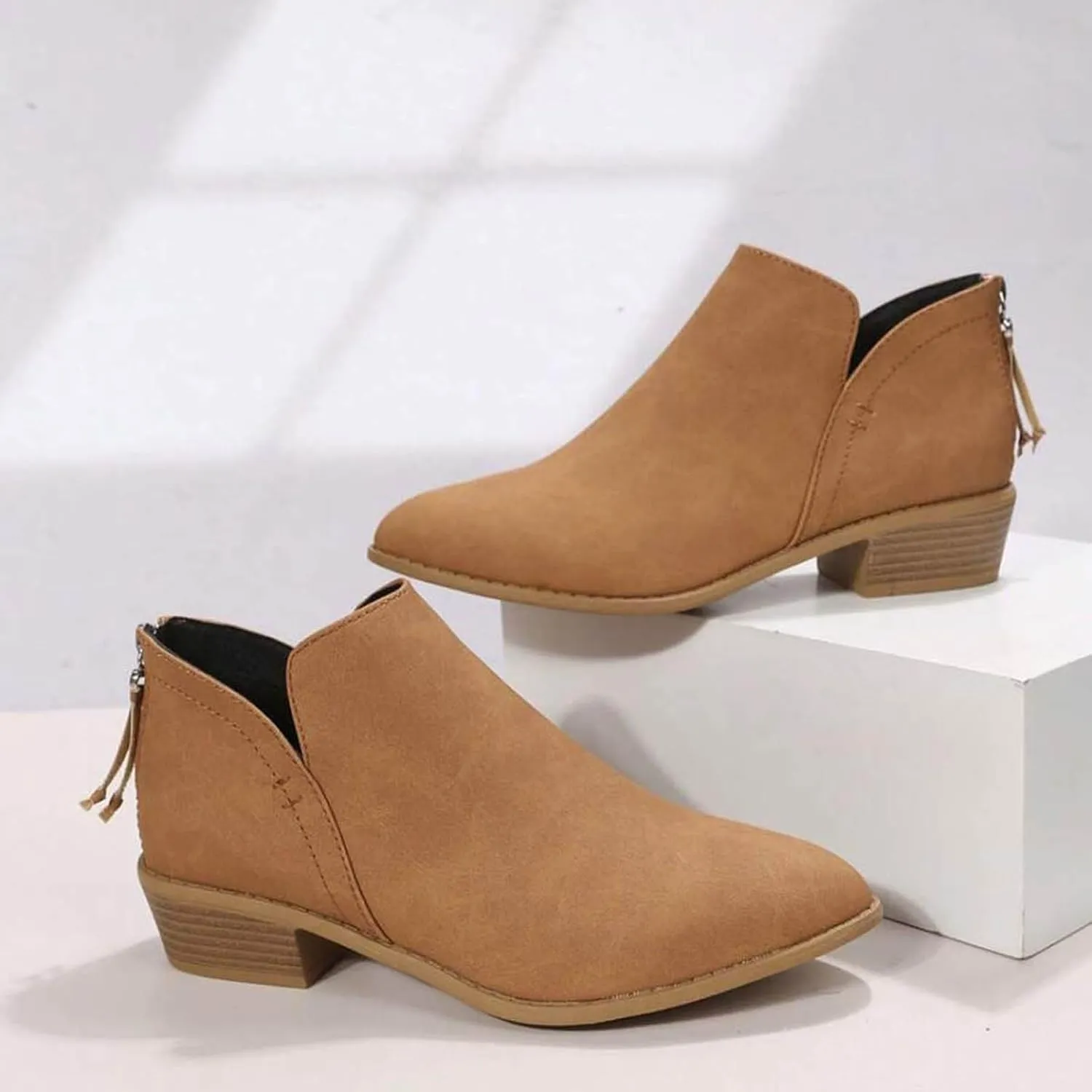 Ankle Boots for Women Low Heel Chunky Heel Boots Women's Fashion Color Matching Fall Winter Side Zipper Short Boots