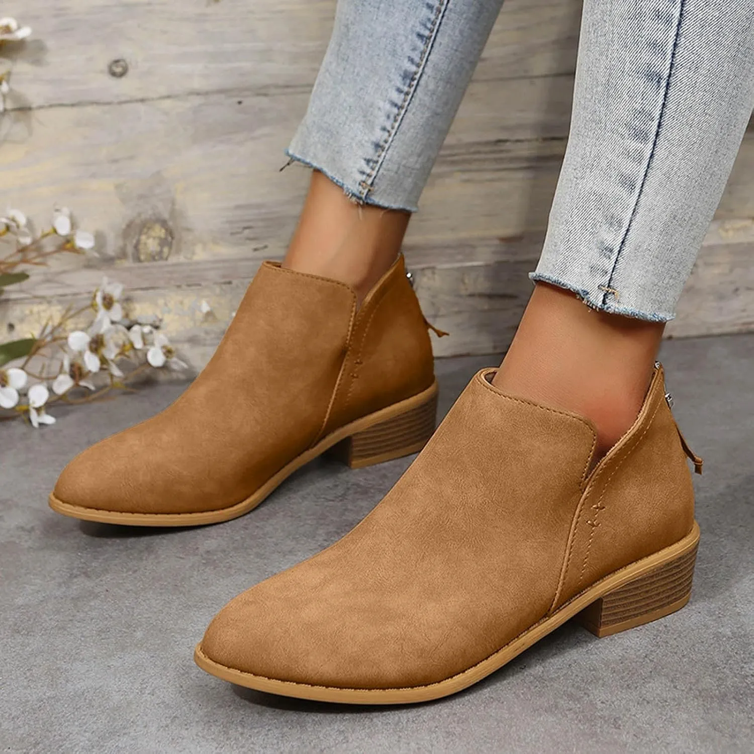 Ankle Boots for Women Low Heel Chunky Heel Boots Women's Fashion Color Matching Fall Winter Side Zipper Short Boots