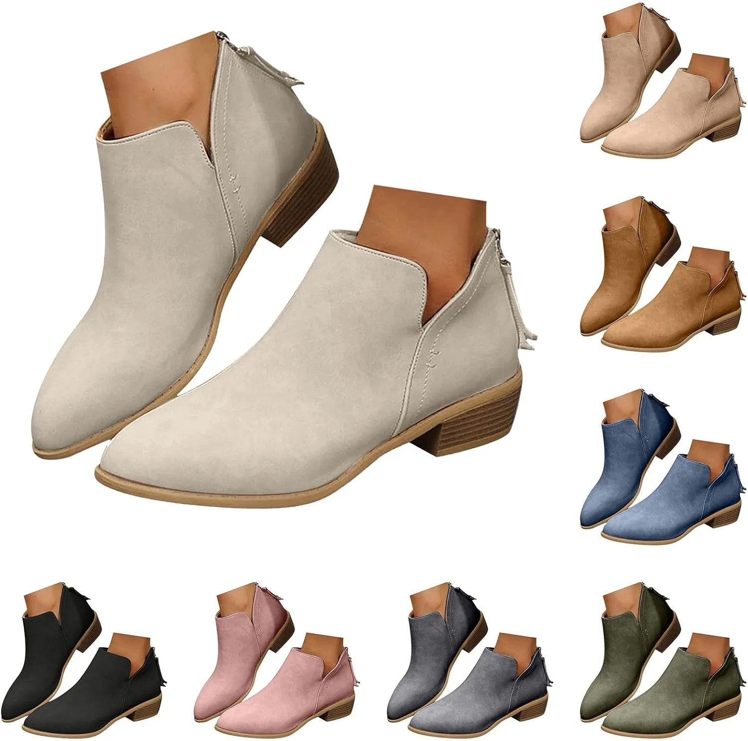 Ankle Boots for Women Low Heel Chunky Heel Boots Women's Fashion Color Matching Fall Winter Side Zipper Short Boots