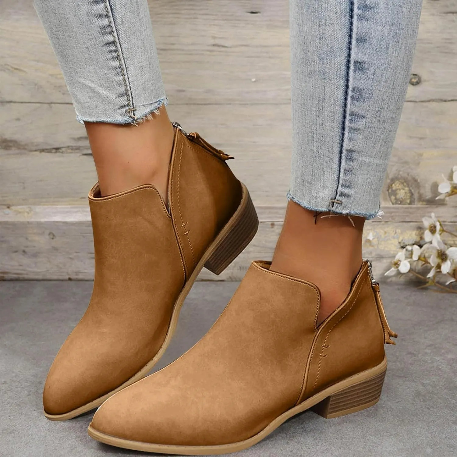 Ankle Boots for Women Low Heel Chunky Heel Boots Women's Fashion Color Matching Fall Winter Side Zipper Short Boots
