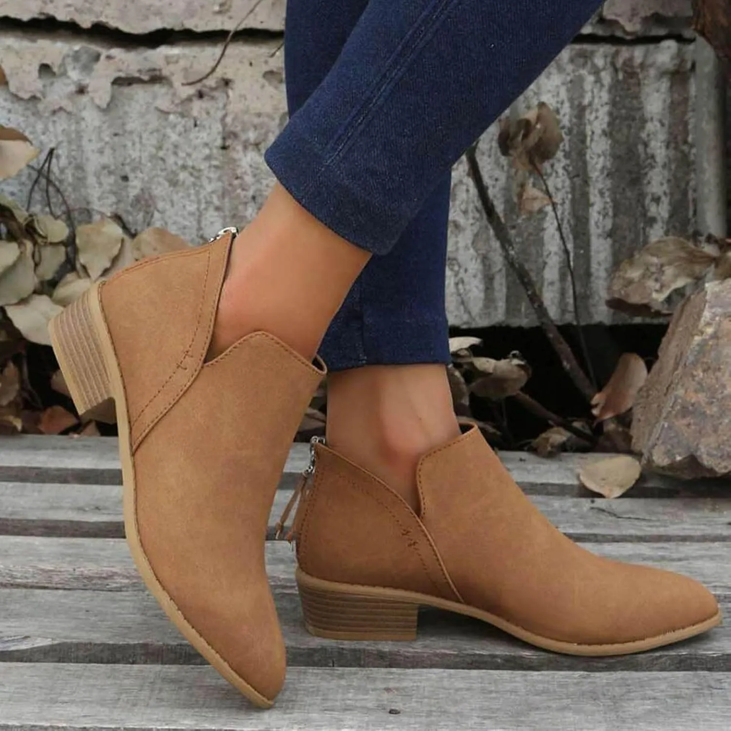Ankle Boots for Women Low Heel Chunky Heel Boots Women's Fashion Color Matching Fall Winter Side Zipper Short Boots