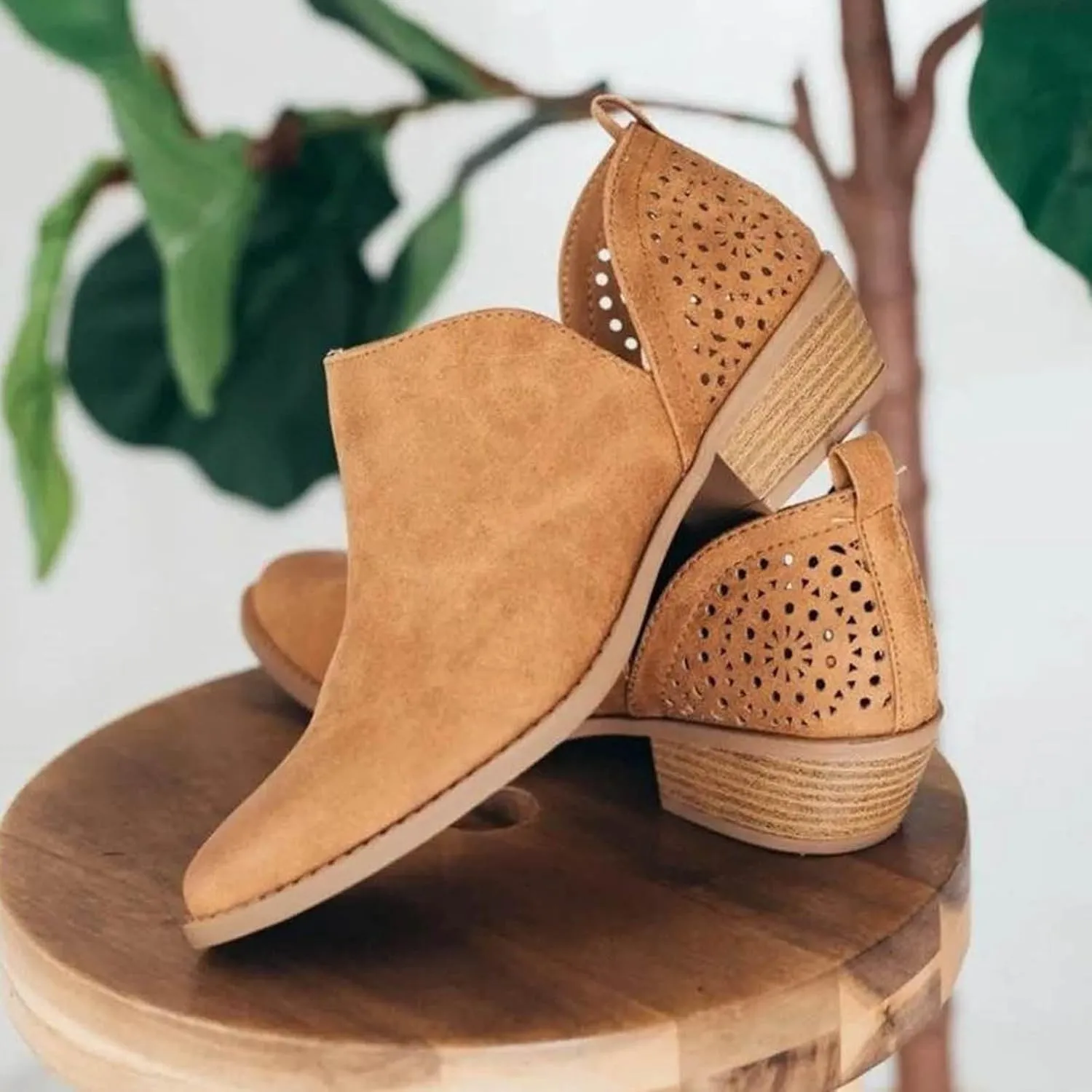 Ankle Boots For Women Low Heel Skeleton with Holes Casual Fashion Solid Color With Heel Nude Shoes Side Zipper Boots