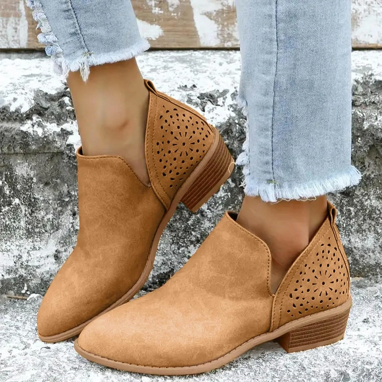 Ankle Boots For Women Low Heel Skeleton with Holes Casual Fashion Solid Color With Heel Nude Shoes Side Zipper Boots