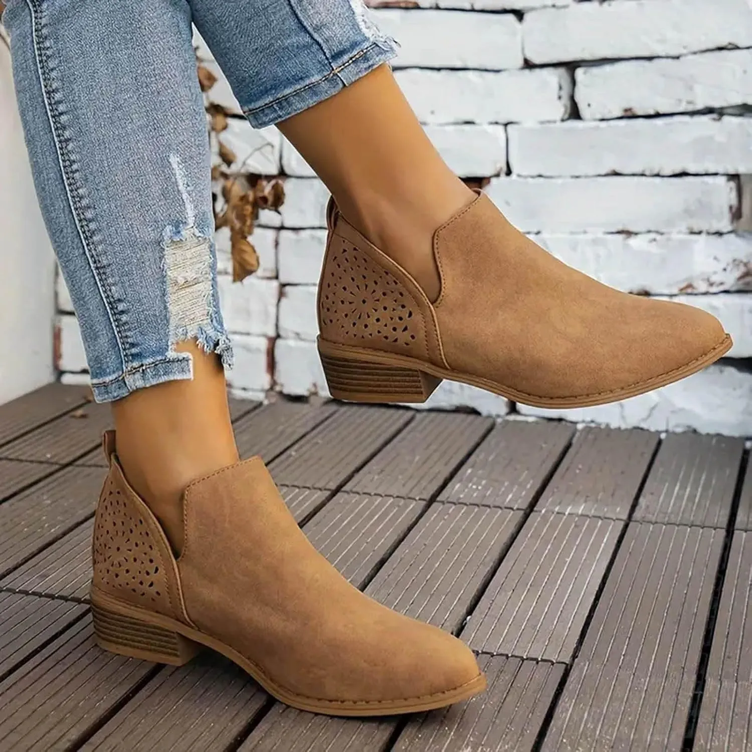 Ankle Boots For Women Low Heel Skeleton with Holes Casual Fashion Solid Color With Heel Nude Shoes Side Zipper Boots