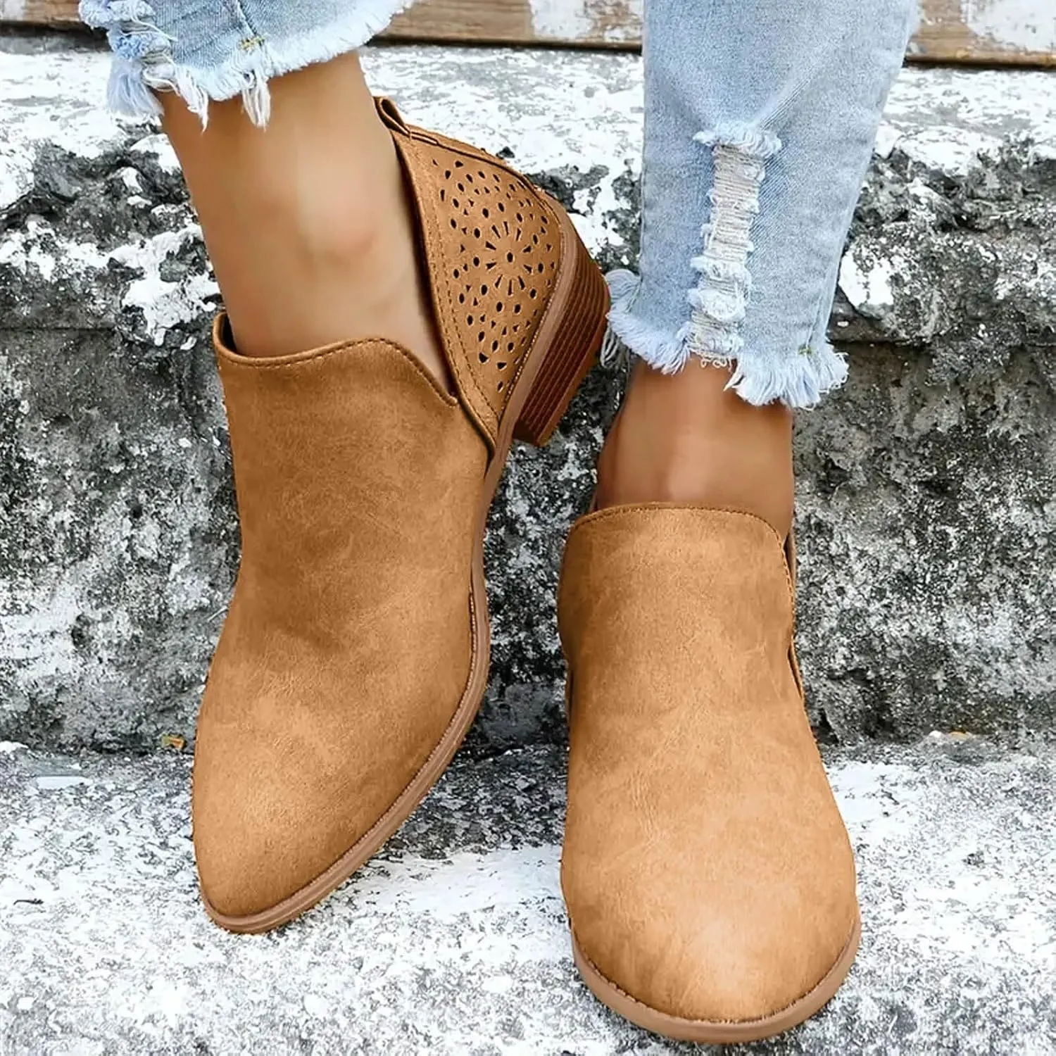 Ankle Boots For Women Low Heel Skeleton with Holes Casual Fashion Solid Color With Heel Nude Shoes Side Zipper Boots