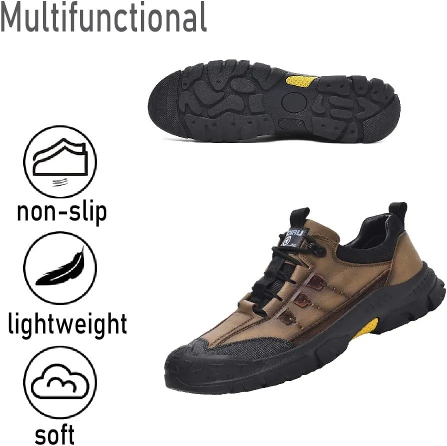 Asifn Mens Lightweight Hiking Shoes Outdoor Wearable Work Shoes Leather Breathable Sneakers Non-Slip Driving Shoes