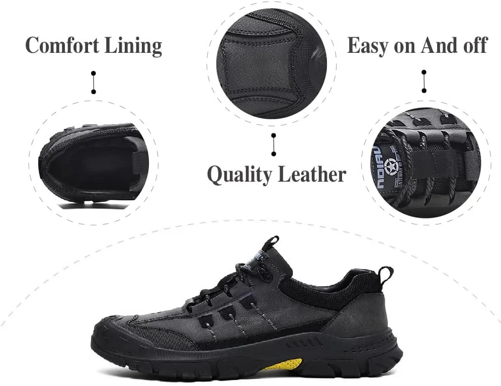 Asifn Mens Lightweight Hiking Shoes Outdoor Wearable Work Shoes Leather Breathable Sneakers Non-Slip Driving Shoes