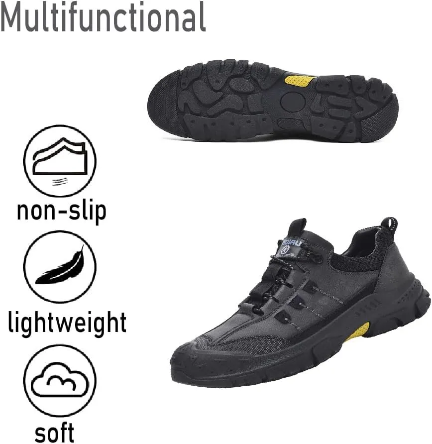 Asifn Mens Lightweight Hiking Shoes Outdoor Wearable Work Shoes Leather Breathable Sneakers Non-Slip Driving Shoes