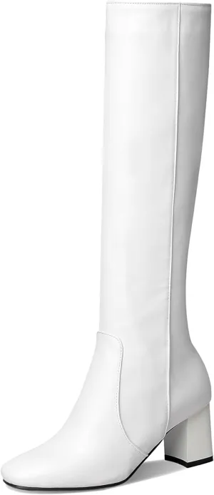 BEAUPAS Women's High Heel Knee High Boots Chunky Block Heels Zipper Shoes