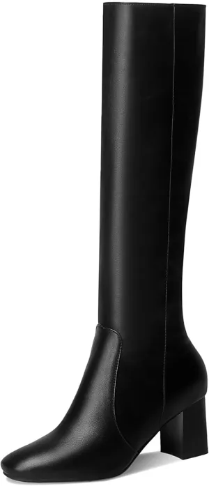 BEAUPAS Women's High Heel Knee High Boots Chunky Block Heels Zipper Shoes