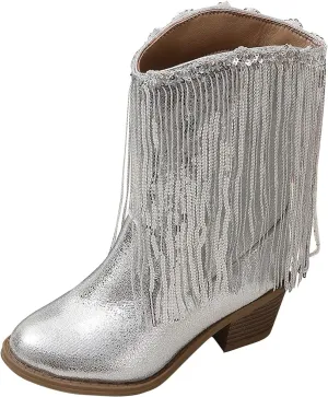 Big Kids Fringe Metallic Cowboy Boots Girls Pointed Toe Chunky Hell Mid Calf Boots Winter Low Heels Princess Boots