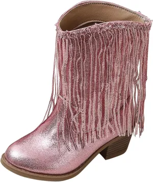 Big Kids Fringe Metallic Cowboy Boots Girls Pointed Toe Chunky Hell Mid Calf Boots Winter Low Heels Princess Boots