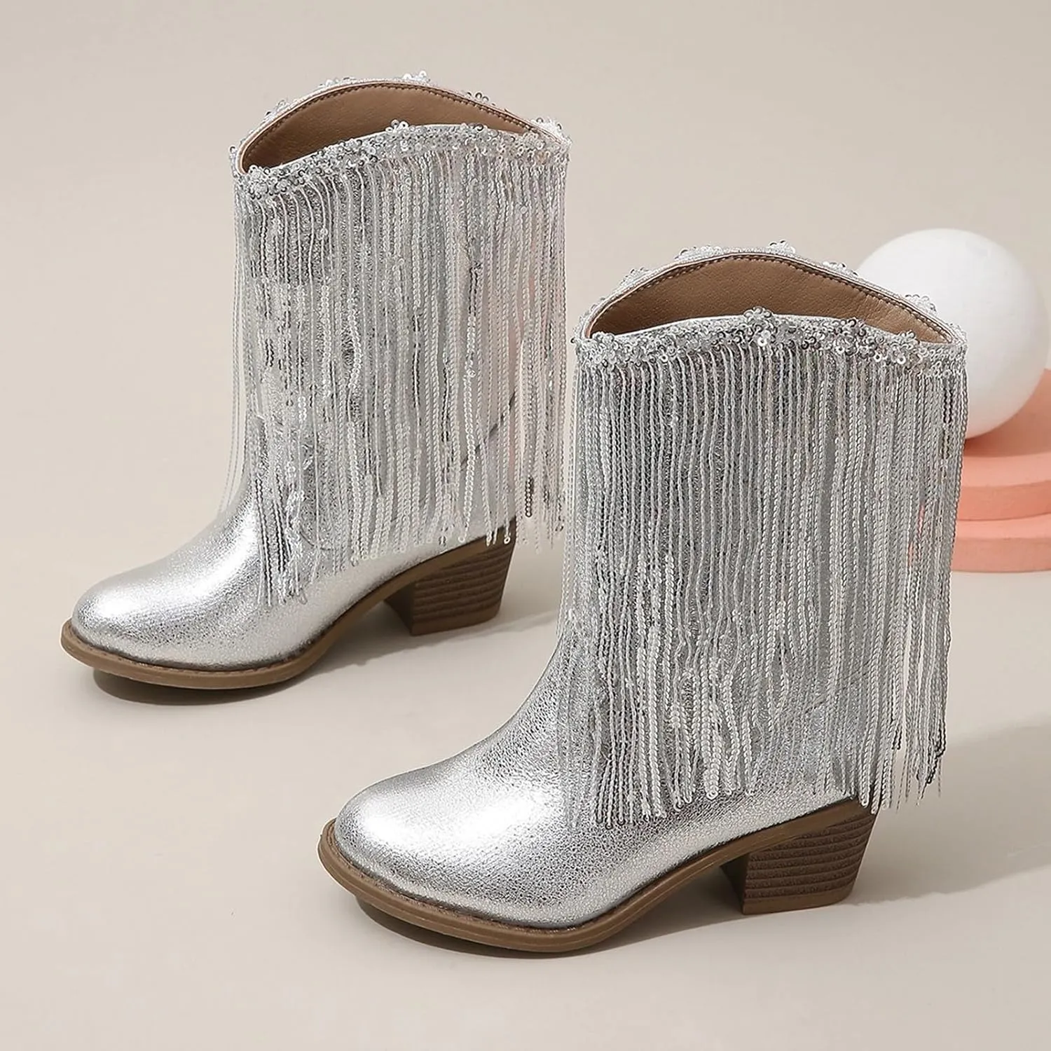 Big Kids Fringe Metallic Cowboy Boots Girls Pointed Toe Chunky Hell Mid Calf Boots Winter Low Heels Princess Boots