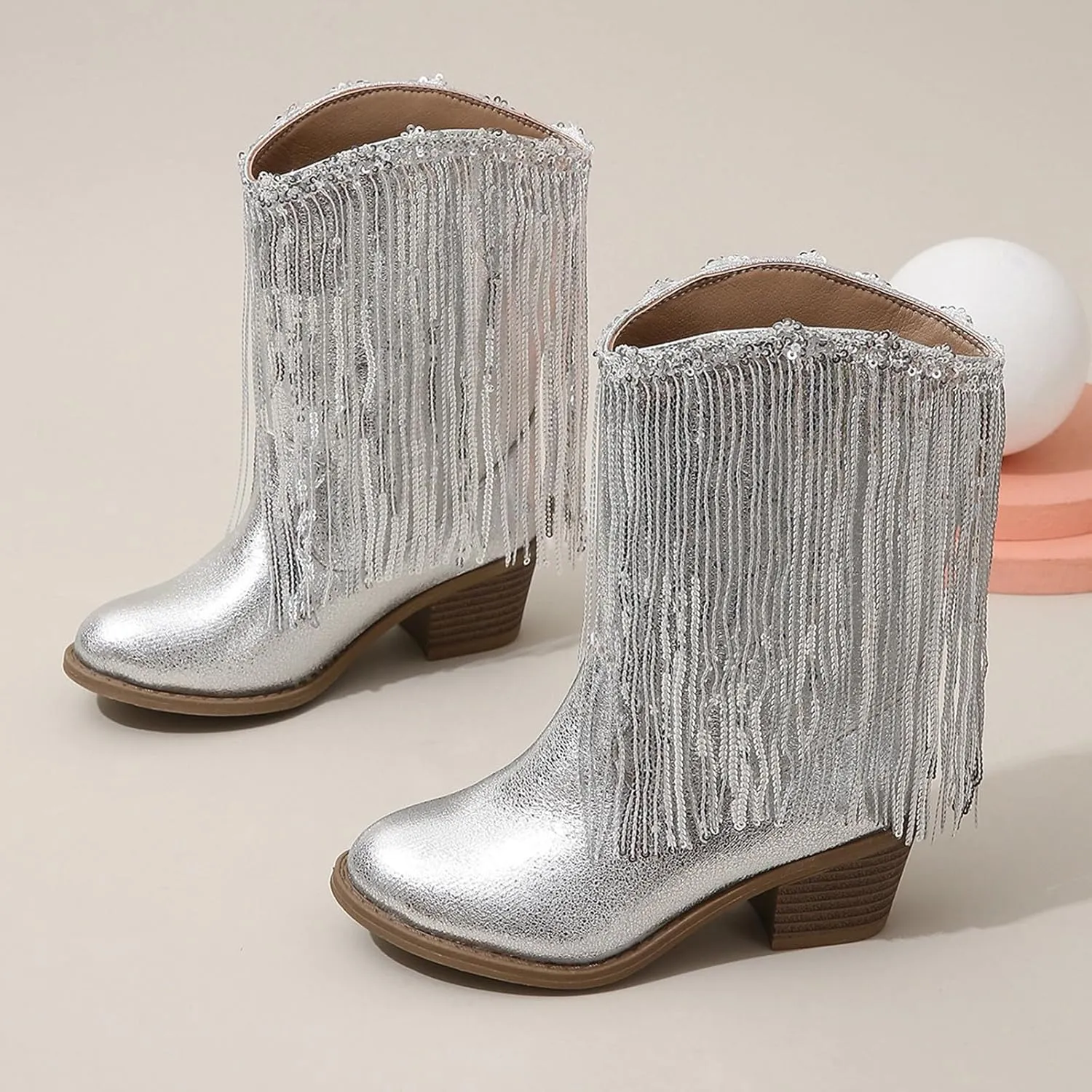 Big Kids Fringe Metallic Cowboy Boots Girls Pointed Toe Chunky Hell Mid Calf Boots Winter Low Heels Princess Boots