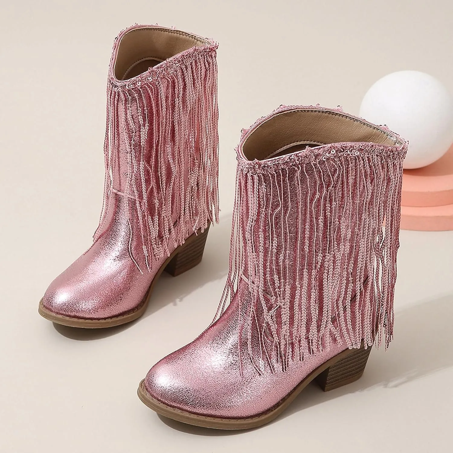 Big Kids Fringe Metallic Cowboy Boots Girls Pointed Toe Chunky Hell Mid Calf Boots Winter Low Heels Princess Boots