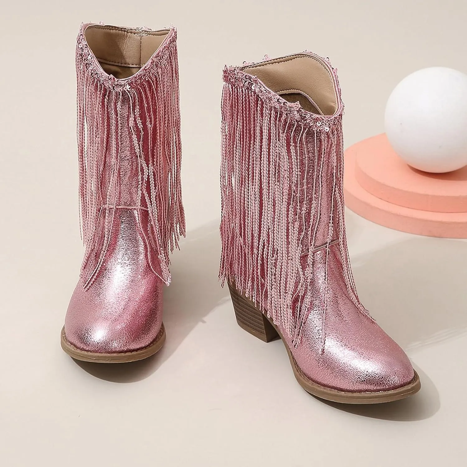 Big Kids Fringe Metallic Cowboy Boots Girls Pointed Toe Chunky Hell Mid Calf Boots Winter Low Heels Princess Boots