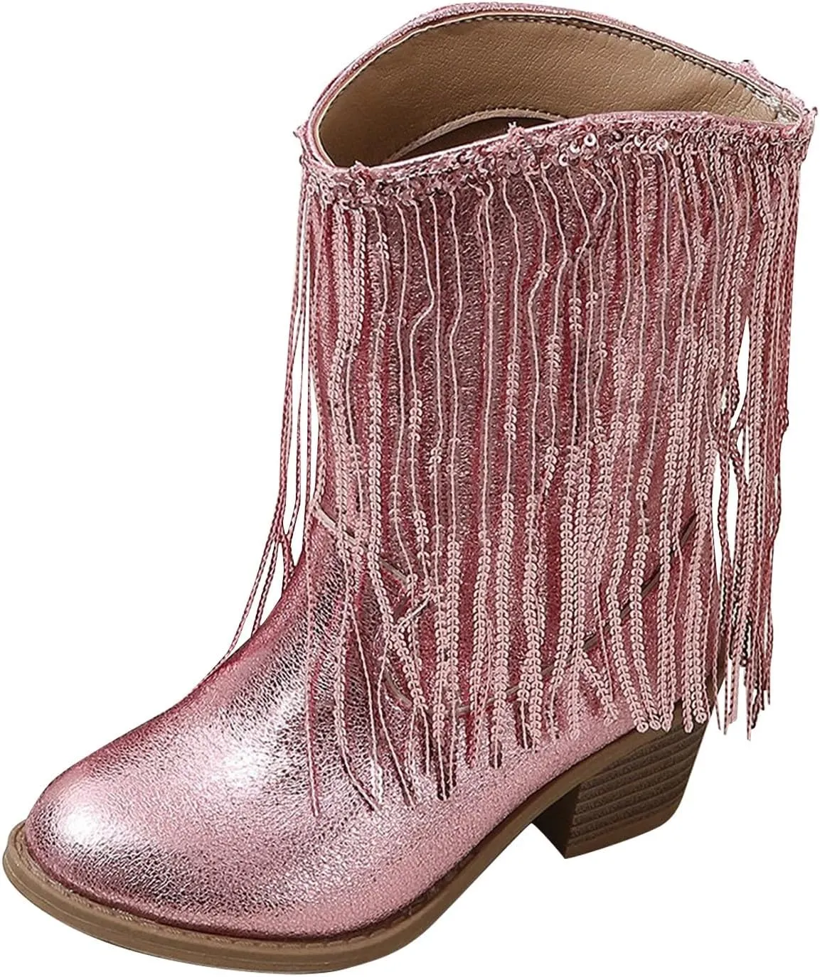 Big Kids Fringe Metallic Cowboy Boots Girls Pointed Toe Chunky Hell Mid Calf Boots Winter Low Heels Princess Boots