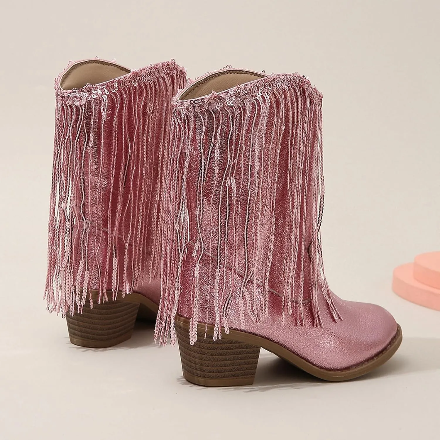 Big Kids Fringe Metallic Cowboy Boots Girls Pointed Toe Chunky Hell Mid Calf Boots Winter Low Heels Princess Boots