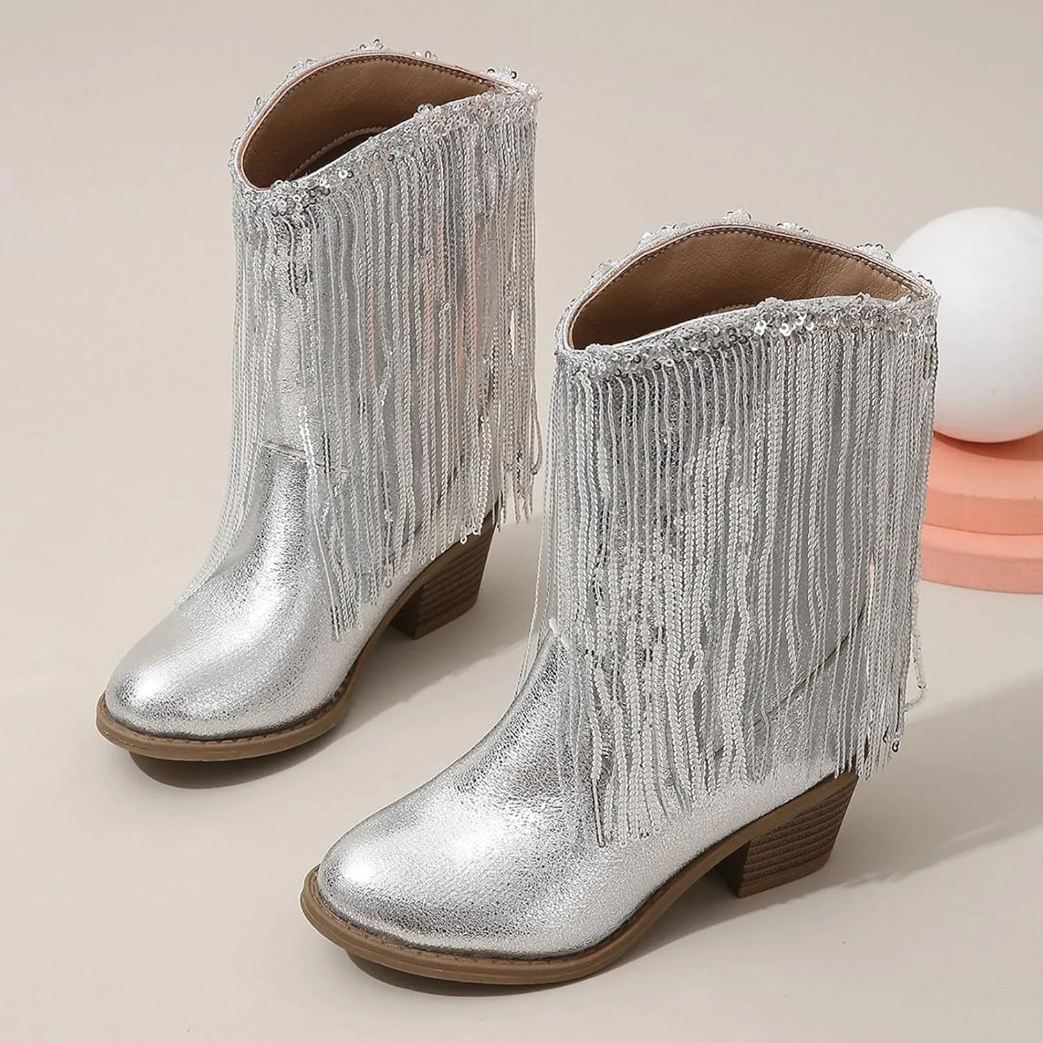Big Kids Fringe Metallic Cowboy Boots Girls Pointed Toe Chunky Hell Mid Calf Boots Winter Low Heels Princess Boots