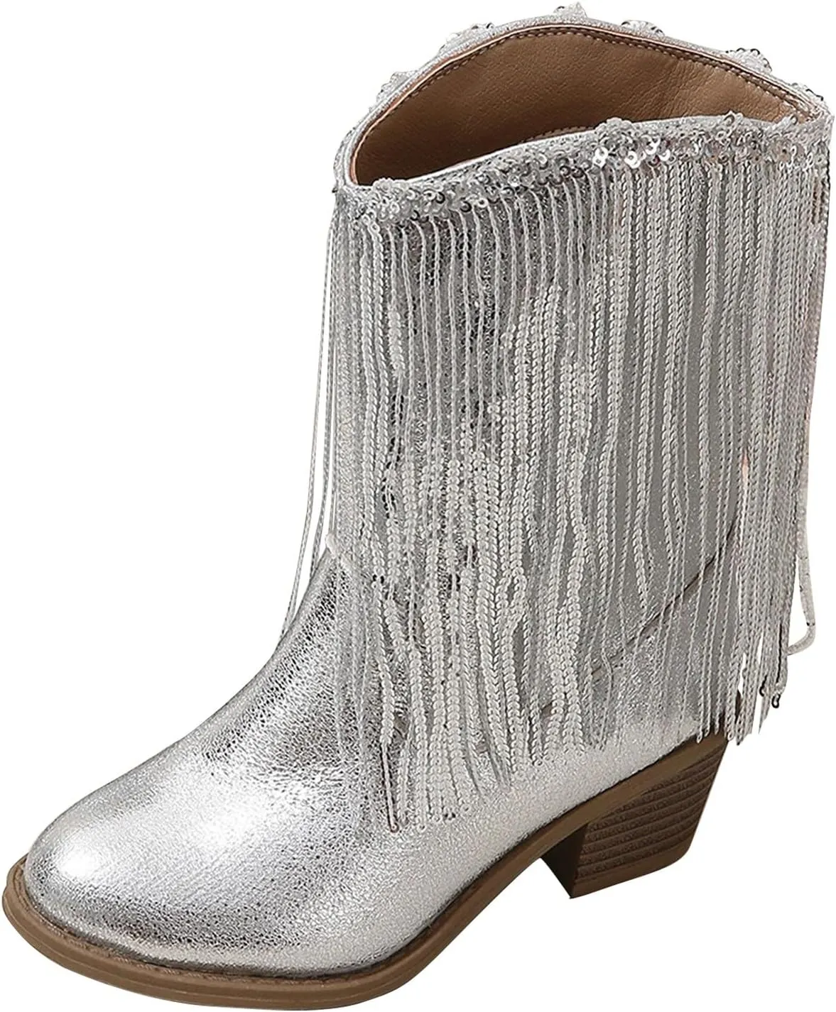 Big Kids Fringe Metallic Cowboy Boots Girls Pointed Toe Chunky Hell Mid Calf Boots Winter Low Heels Princess Boots