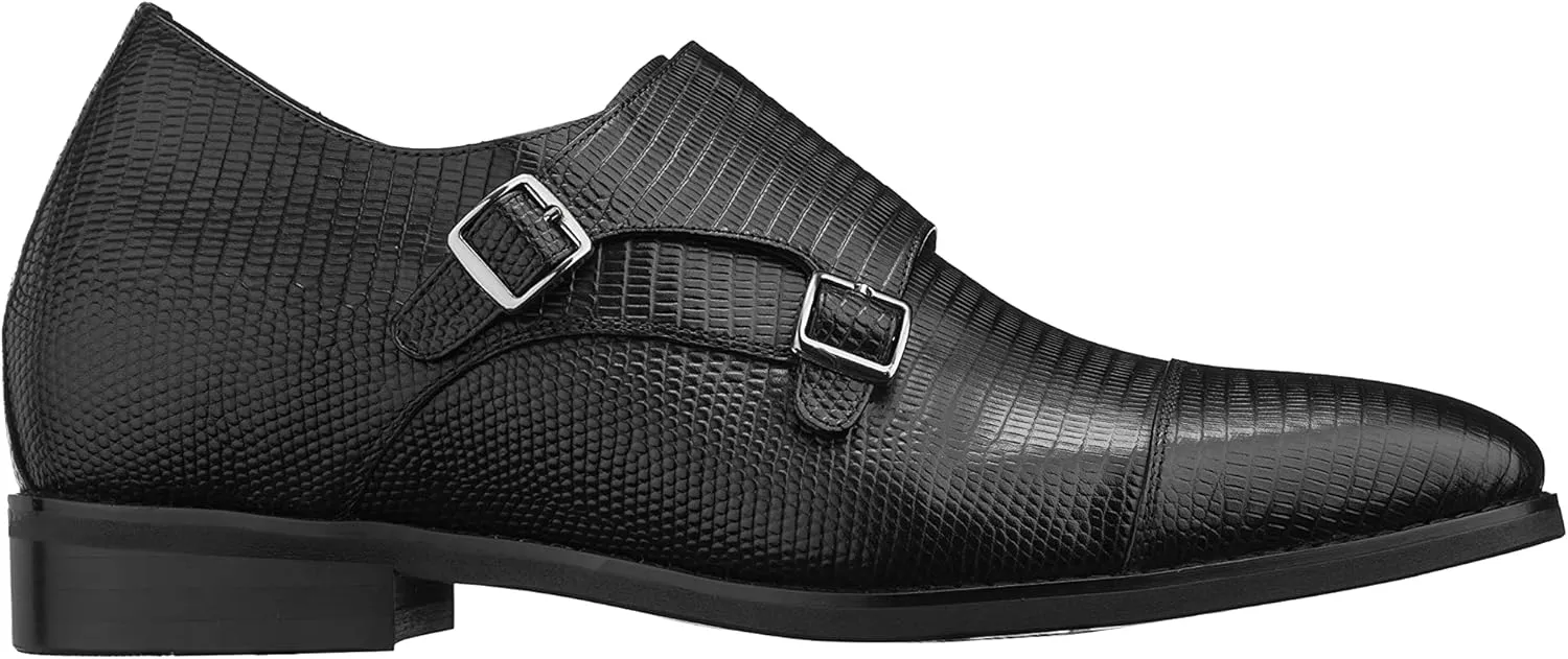 CALTO Men's Invisible Height Increasing Elevator Shoes - Black Leather Slip-on Dual Monk Straps Formal Loafers- 2.8 Inches Taller - K3114 - Size 9 D(M) US