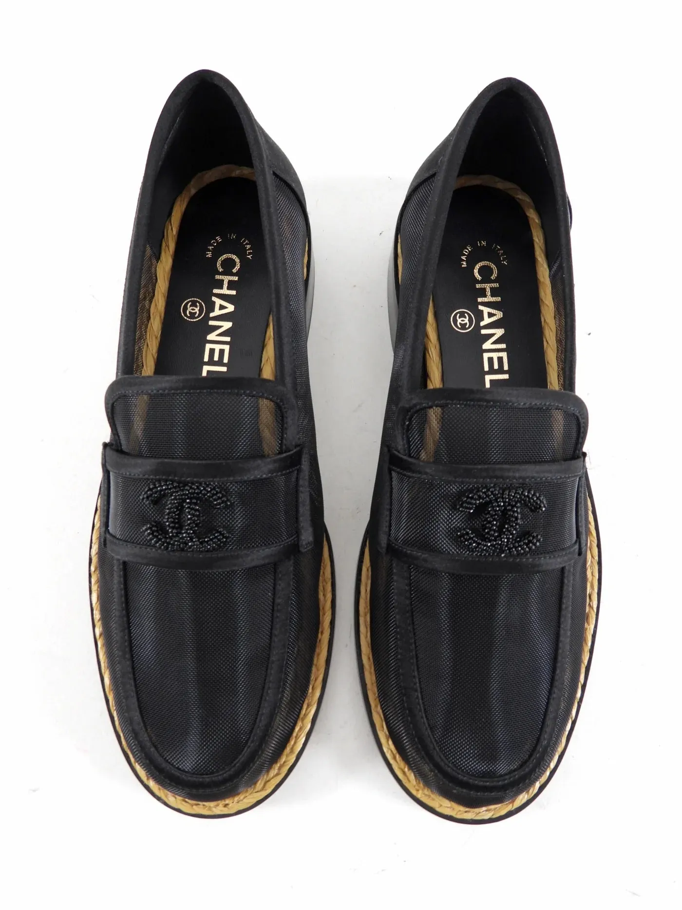 CHANEL MESH & SATIN BEADED CC SLIP-ON LOAFERS
