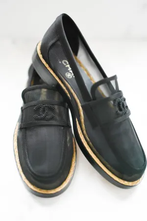 CHANEL MESH & SATIN BEADED CC SLIP-ON LOAFERS