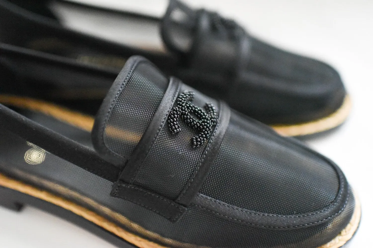CHANEL MESH & SATIN BEADED CC SLIP-ON LOAFERS