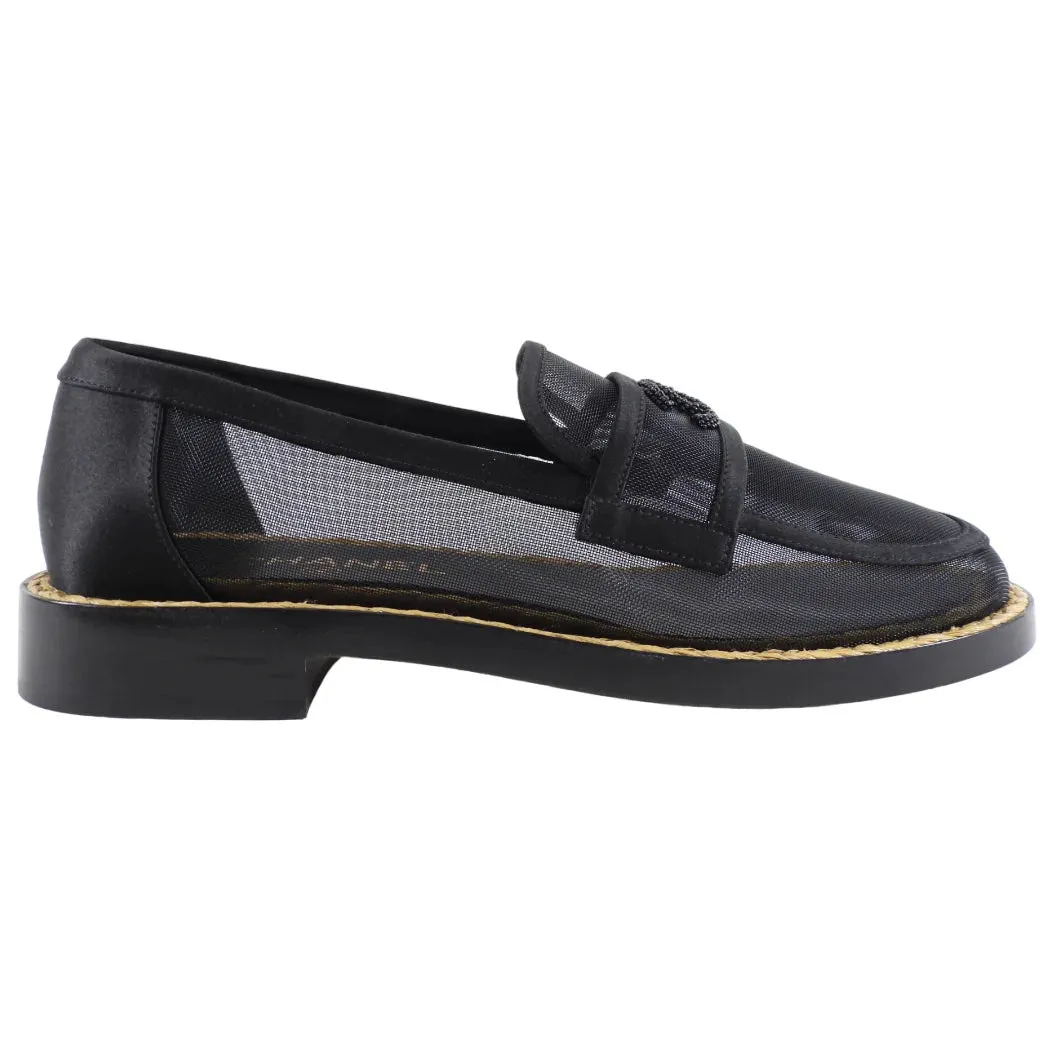 CHANEL MESH & SATIN BEADED CC SLIP-ON LOAFERS