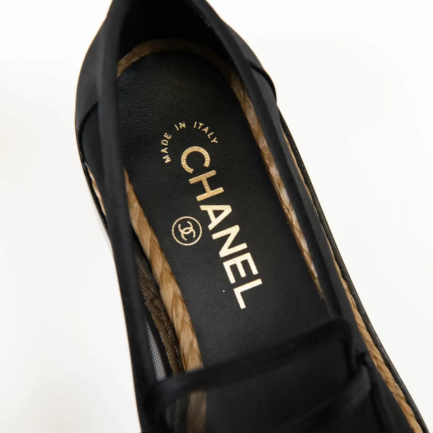 CHANEL MESH & SATIN BEADED CC SLIP-ON LOAFERS