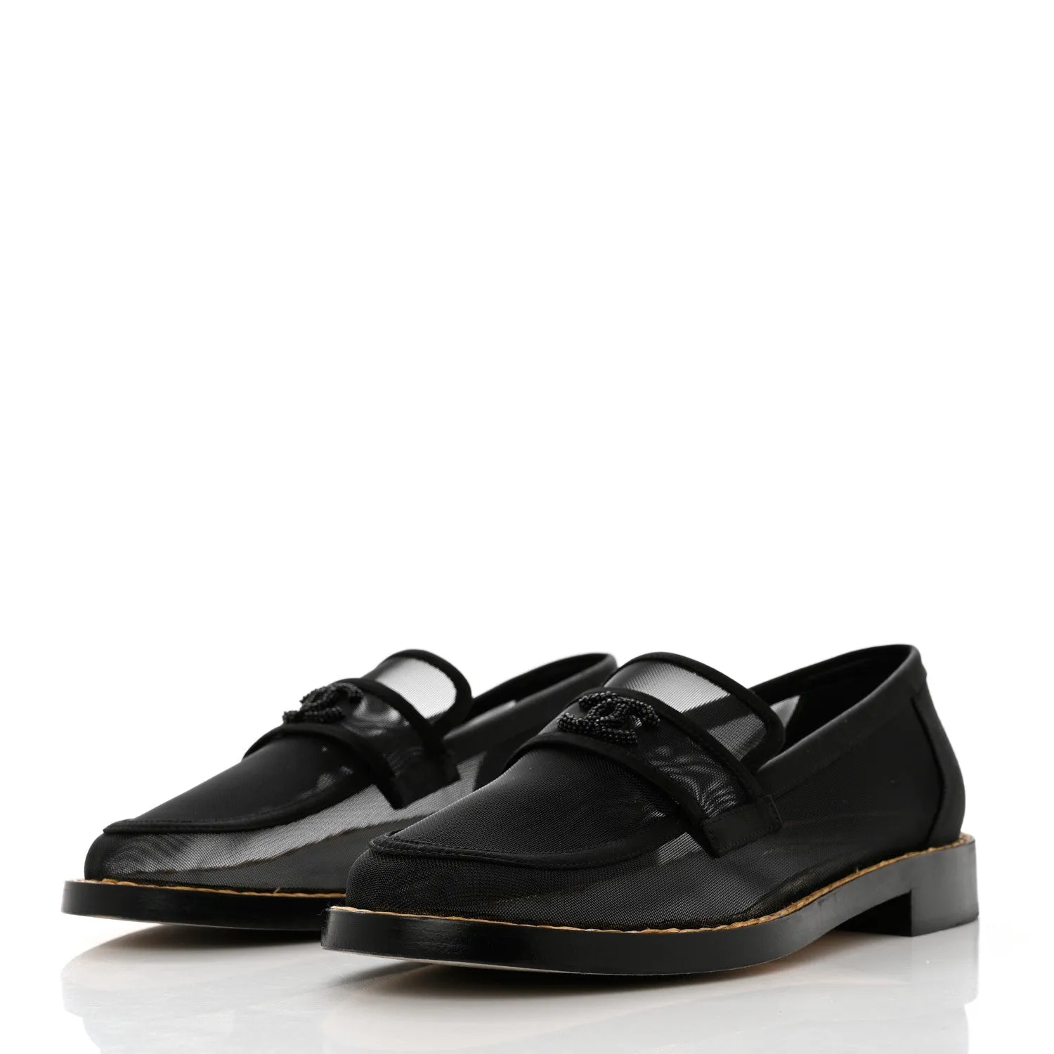 CHANEL MESH & SATIN BEADED CC SLIP-ON LOAFERS