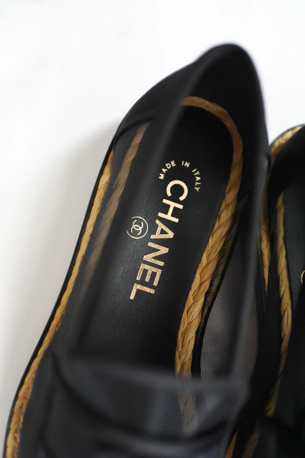 CHANEL MESH & SATIN BEADED CC SLIP-ON LOAFERS