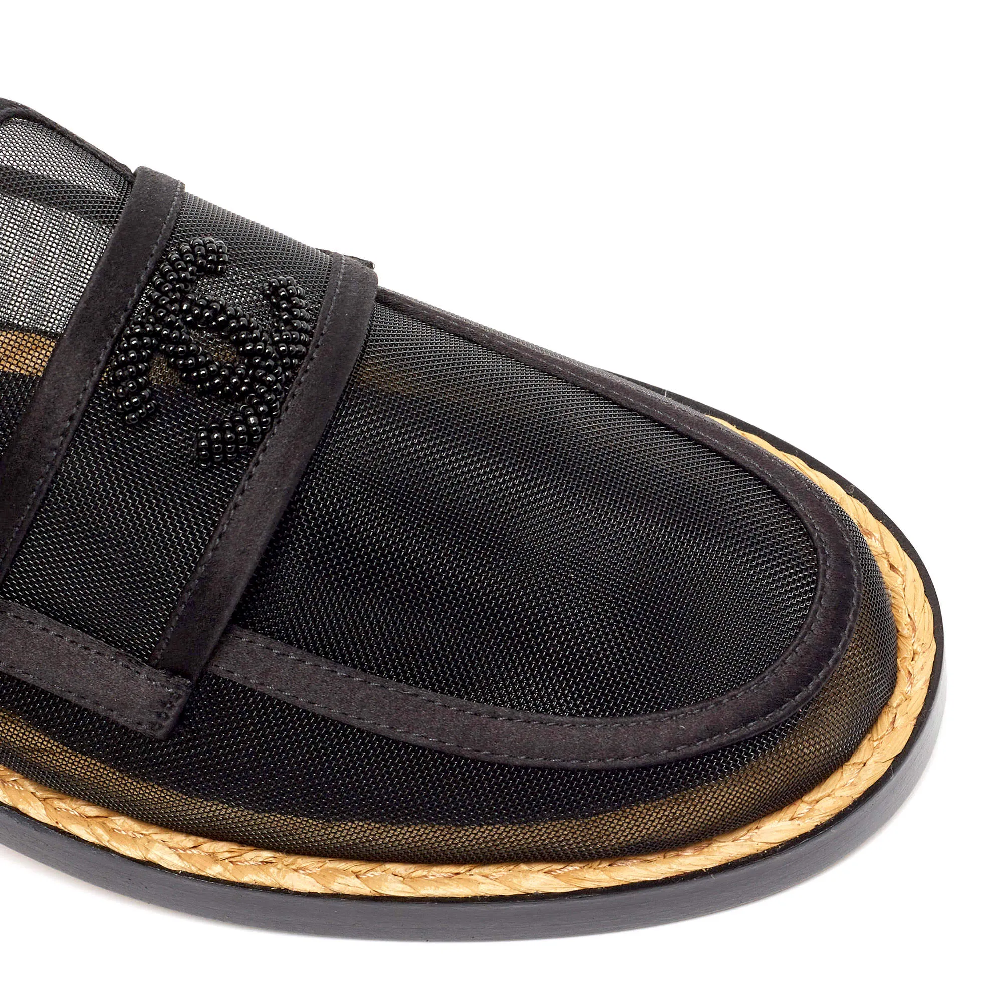 CHANEL MESH & SATIN BEADED CC SLIP-ON LOAFERS