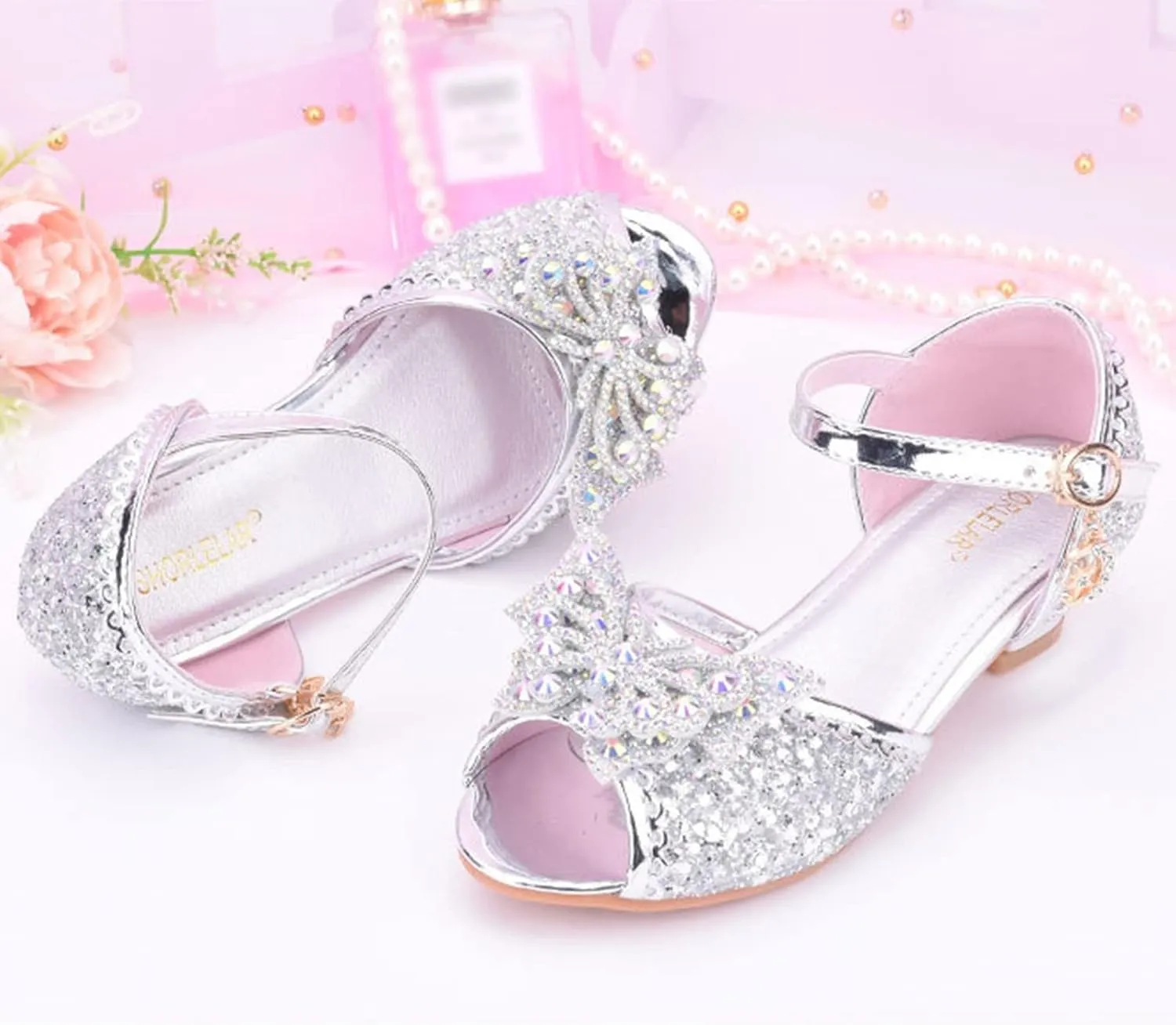 Children Shoes with Diamond Shiny Sandals Princess Shoes Bow High Heels Show Princess Shoes Kids High Heels