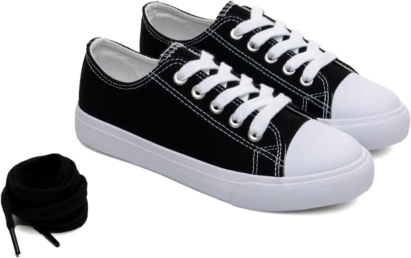 Classic Unisex Low-Top Canvas Sneakers ?C Boys Girls and Toddler Casual Lace-Up Shoes with Rubber Sole, Includes Extra White Shoelaces
