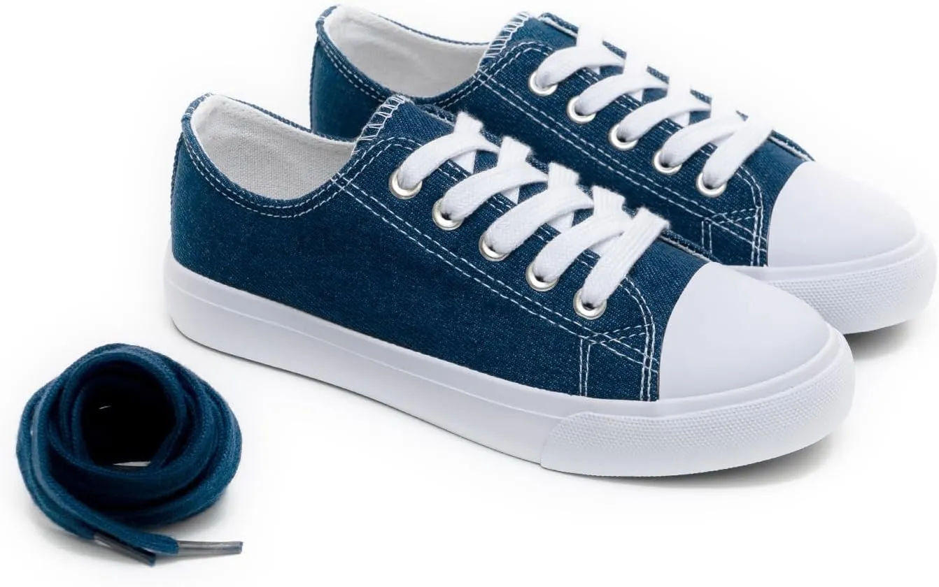 Classic Unisex Low-Top Canvas Sneakers ?C Boys Girls and Toddler Casual Lace-Up Shoes with Rubber Sole, Includes Extra White Shoelaces